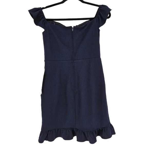 City Studio Mini Dress Navy Blue Off Shoulder Ruffle Zip Back - Picture 4 of 9
